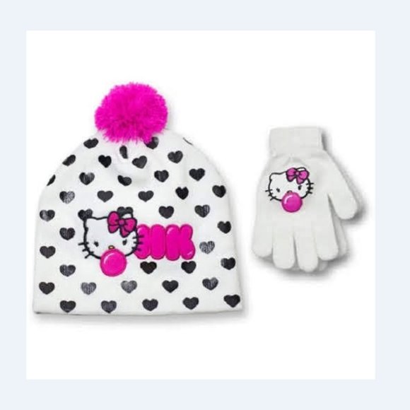 5/$20 NEW 3Pc Girls OS Hello Kitty Bubble Gum Pom Pom Hat & Glove Set - Picture 1 of 4